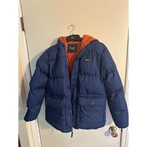iXtreme Kids Navy Blue Puffer Jacket Orange Fleece Lined Hooded Parka Size 18